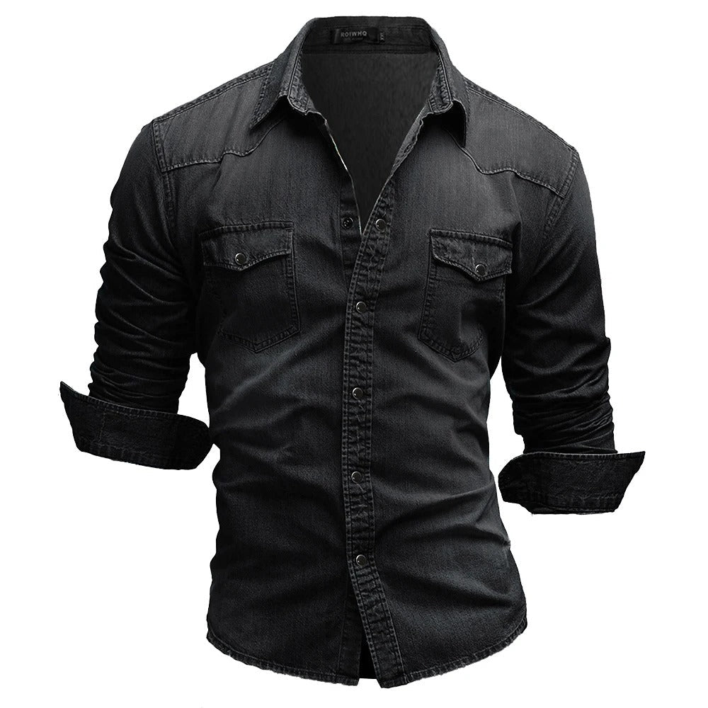Camicia da Uomo in Denim Stile Retrò Slim Fit con Chiusura a Bottoni