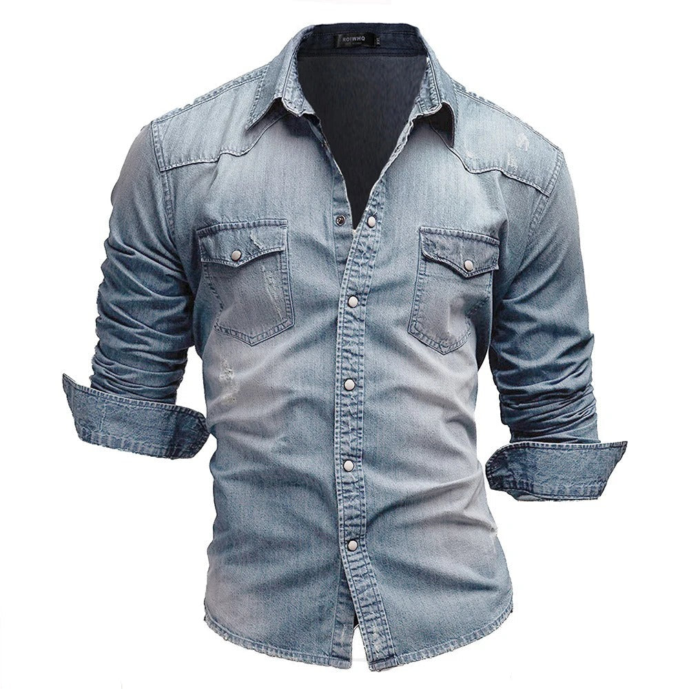 Camicia da Uomo in Denim Stile Retrò Slim Fit con Chiusura a Bottoni