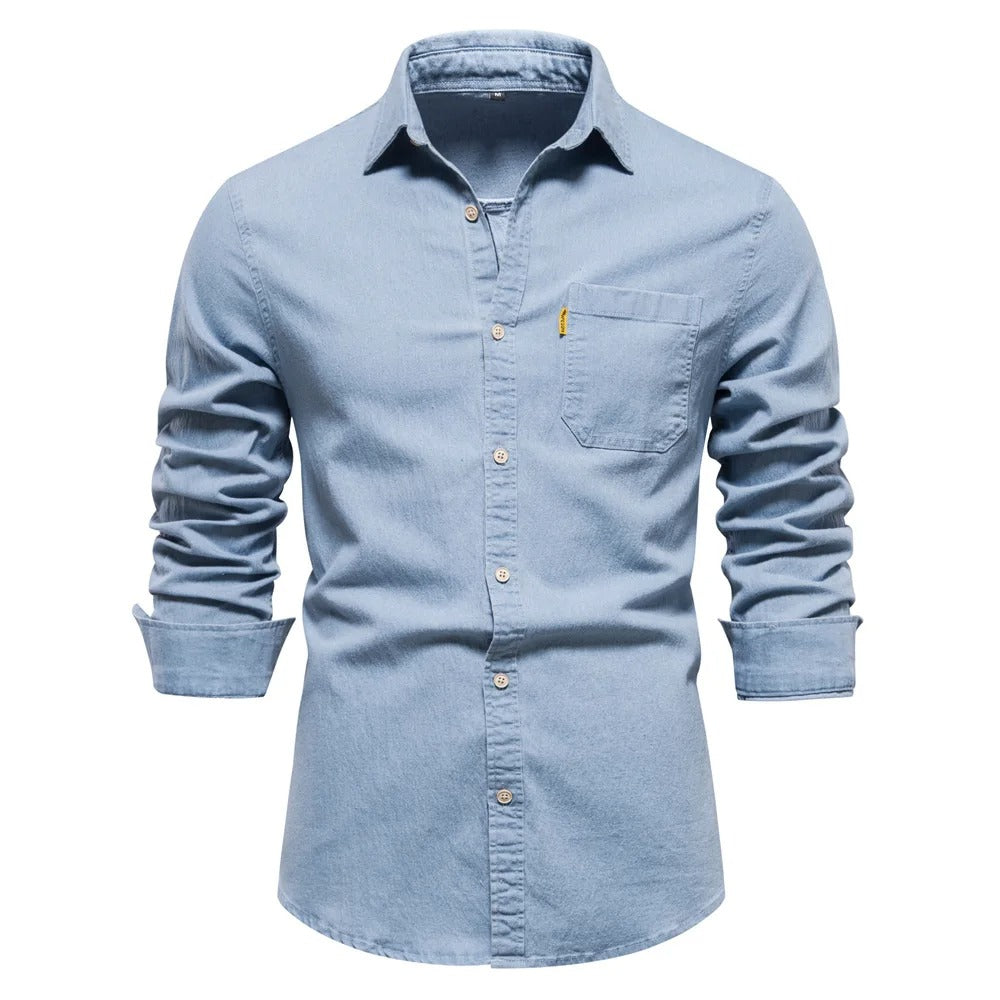 Camicia da Uomo in Denim Maniche Lunghe con Chiusura a Bottoni e Vestibilità Classica