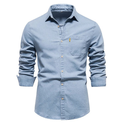 Camicia da Uomo in Denim Maniche Lunghe con Chiusura a Bottoni e Vestibilità Classica